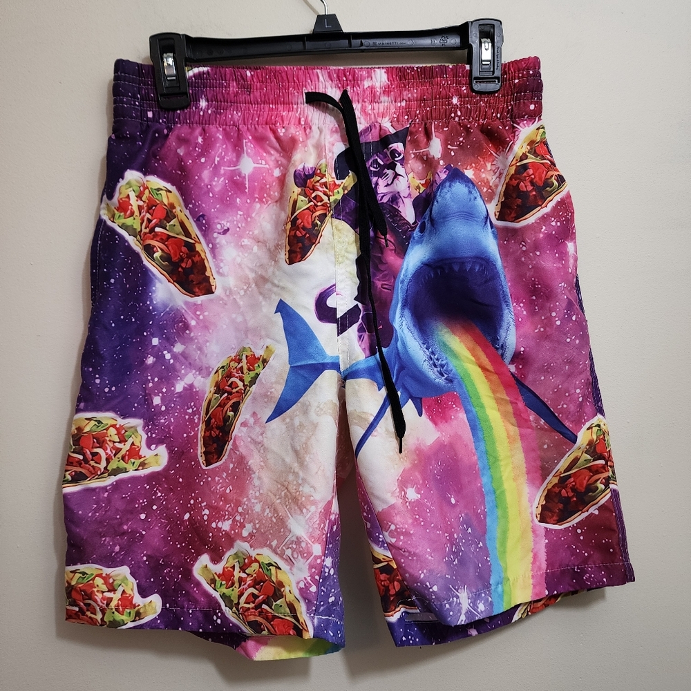 Cat riding a shark with tacos and rainbows swim suit men's size small